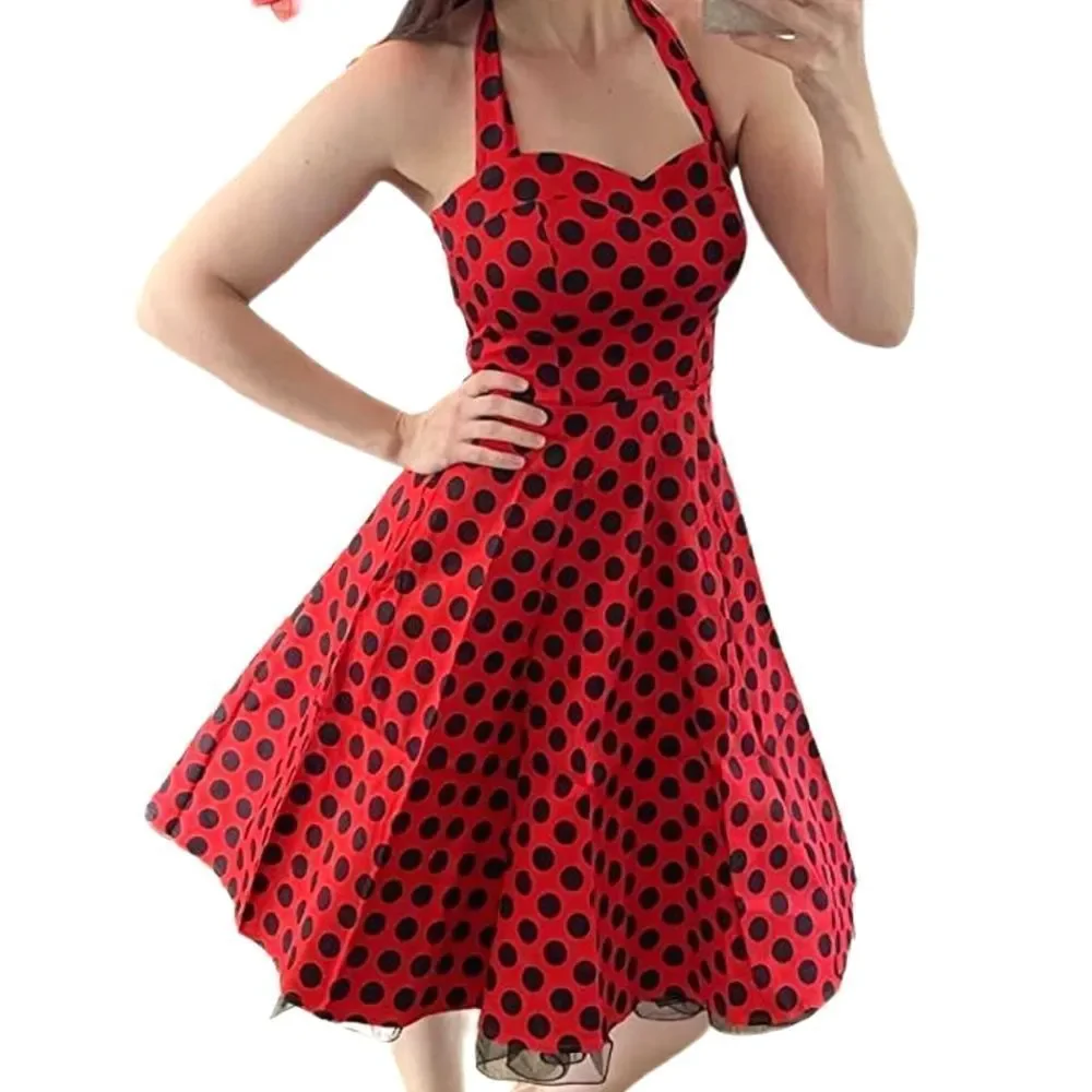 Topdress Red Polka Dot Swing Pinup Retro Fit and Flare Halter Corset Dress Sz S